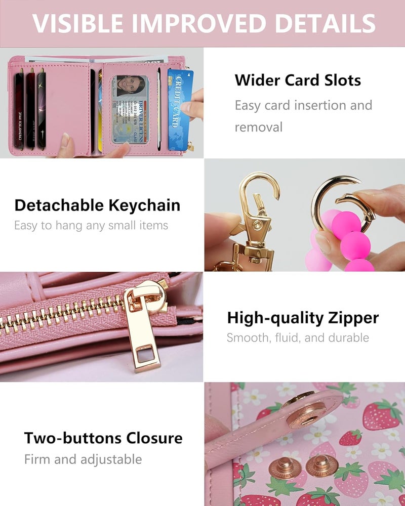 Sunpour Small Wristlet Wallets for Women Keychain Wristlet Wallet RFID Blocking Key Chain Wallet With Zipper Coin Pocket,2 Id Window (Strawberry) - Image 5